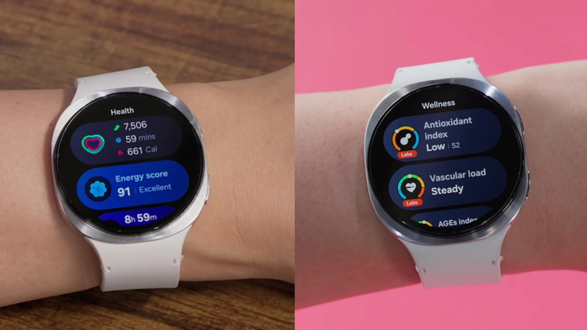 Giao diện One UI Watch 8 mới với các ô thông tin đa dạng và tính năng theo dõi thể chất