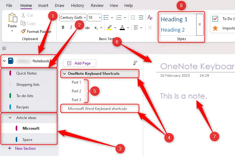 Giao diện OneNote trên máy tính Windows, minh họa các thành phần chính như sổ tay, mục, trang và ghi chú, giúp người dùng dễ dàng định vị các khu vực làm việc.