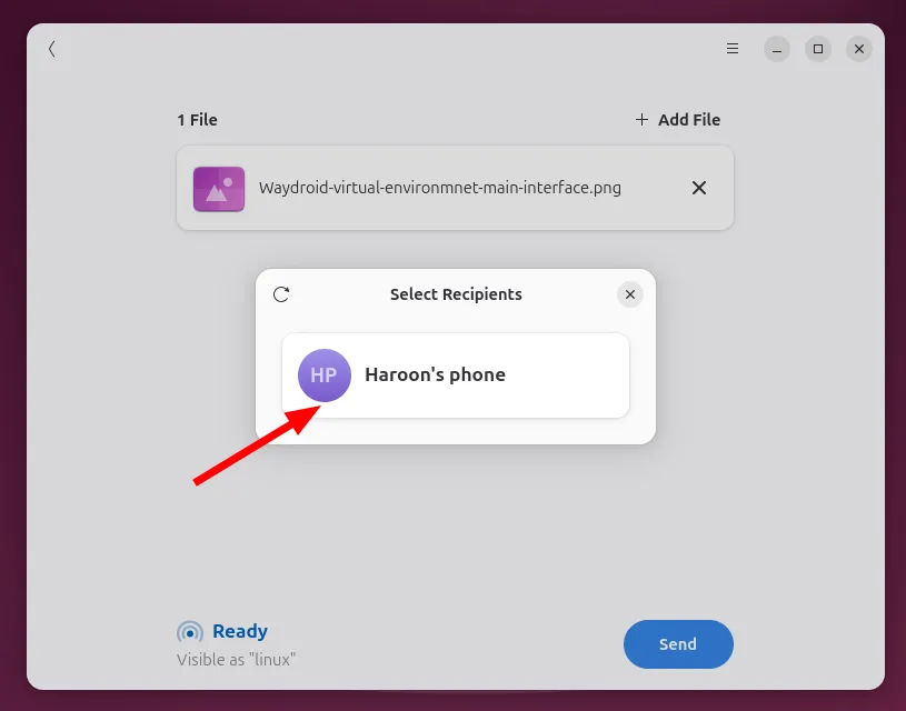 Giao diện Packet trên Linux hiển thị danh sách các thiết bị Android khả dụng để gửi tệp tin thông qua Quick Share.