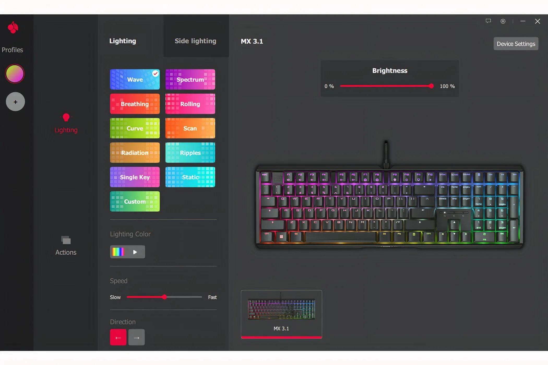 Giao diện phần mềm Cherry Utility tùy chỉnh hiệu ứng đèn nền RGB