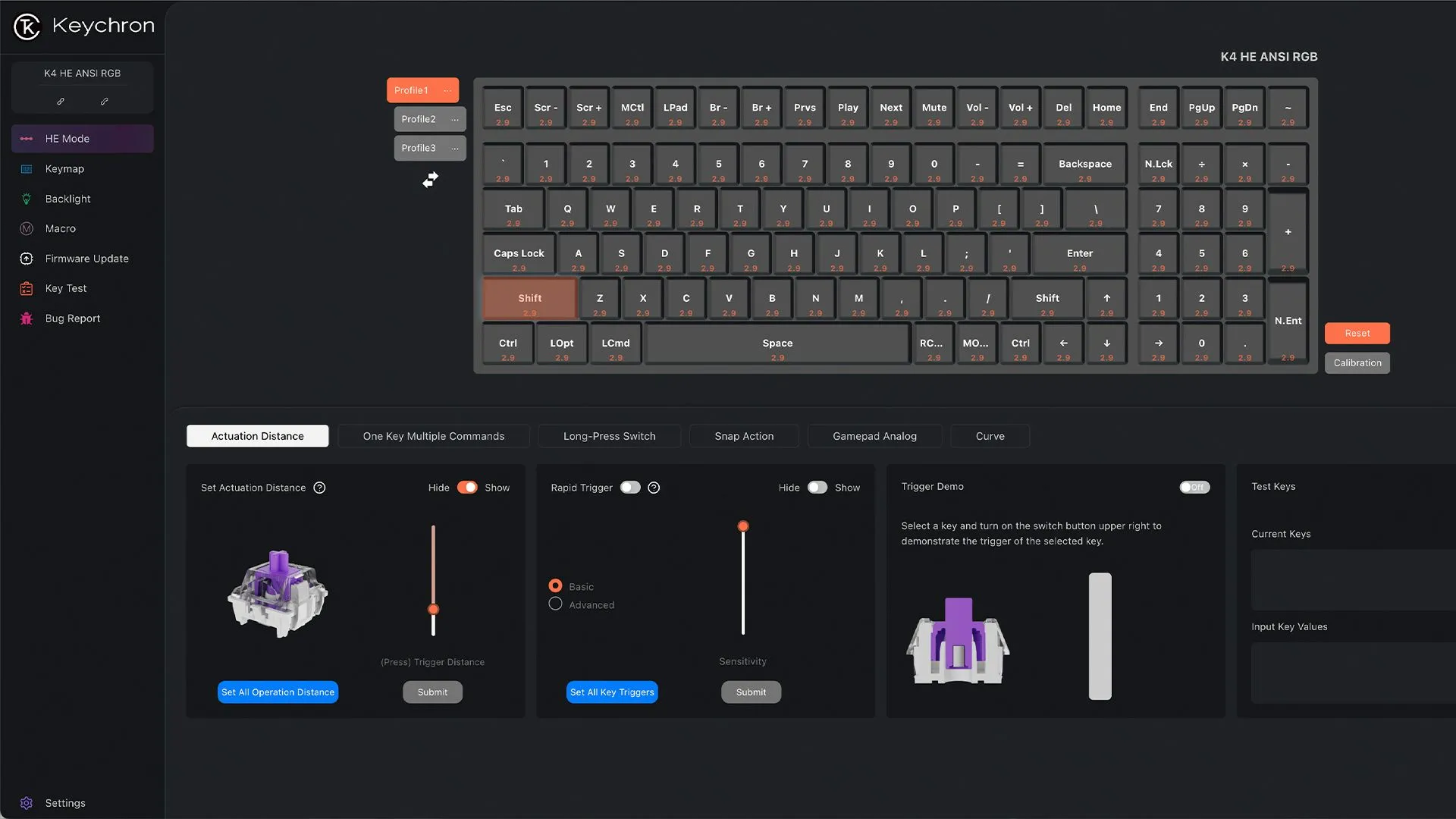 Giao diện phần mềm Keychron Launcher, nơi người dùng tùy chỉnh các tính năng của bàn phím Keychron K4 HE