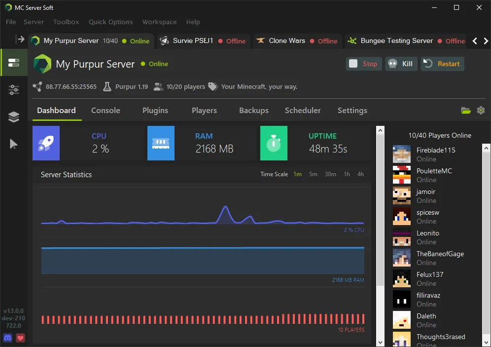 Giao diện phần mềm MC Server Soft hiển thị một máy chủ Minecraft đang hoạt động với danh sách người chơi, giúp quản lý server dễ dàng.