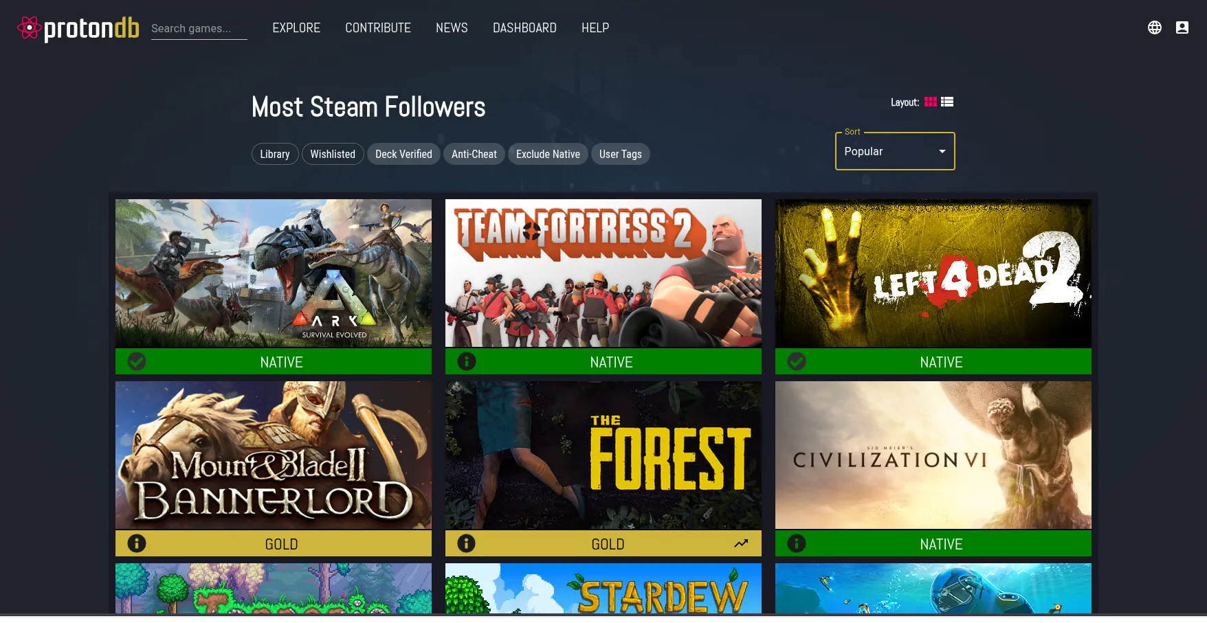 Giao diện ProtonDB hiển thị danh sách và mức độ tương thích của các tựa game Windows trên Linux thông qua Proton.