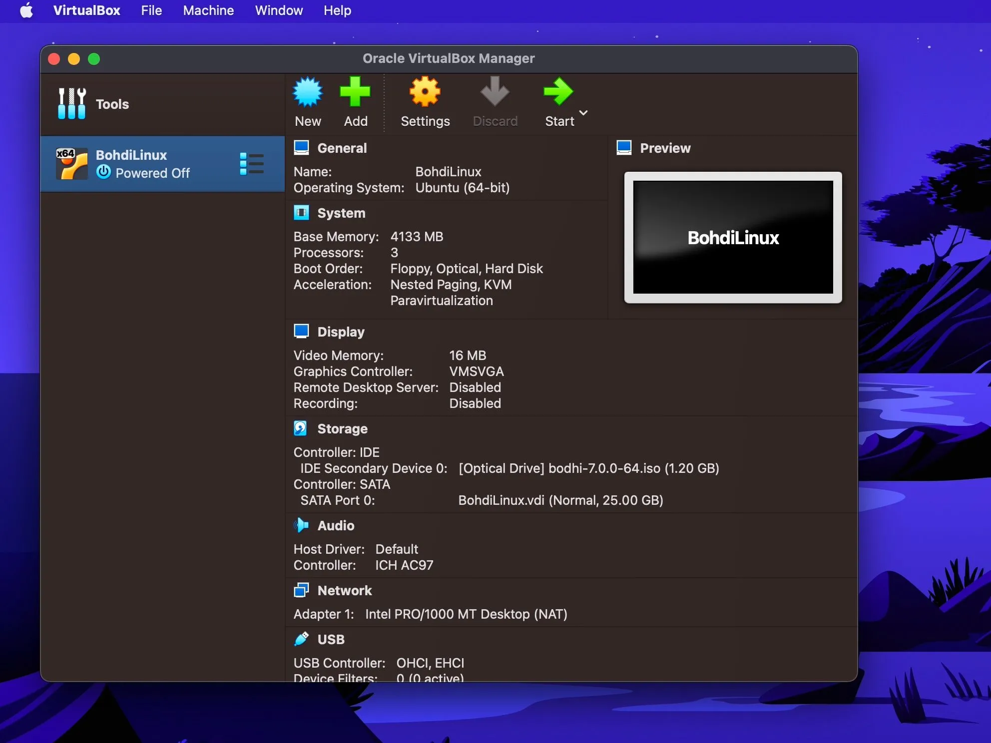 Giao diện quản lý VirtualBox với hệ điều hành Bodhi Linux đang chạy