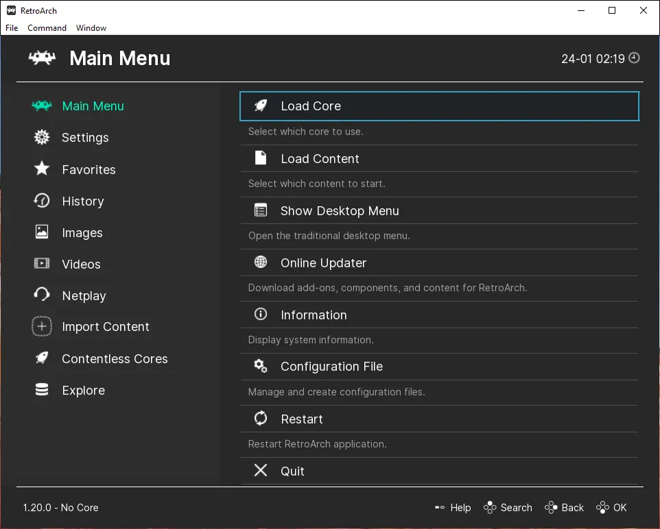 Giao diện RetroArch ban đầu, chưa được tùy chỉnh