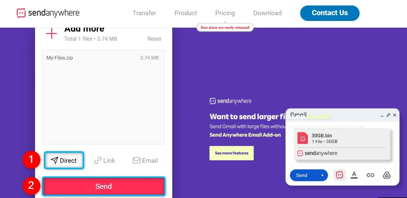 Giao diện Send Anywhere hiển thị tùy chọn &quot;Direct&quot; để chia sẻ tệp trực tiếp.
