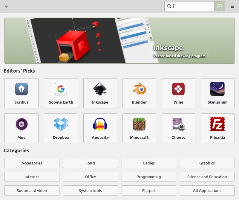 Giao diện Software Manager của Linux Mint, nơi người dùng có thể dễ dàng cài đặt các phần mềm miễn phí và an toàn.