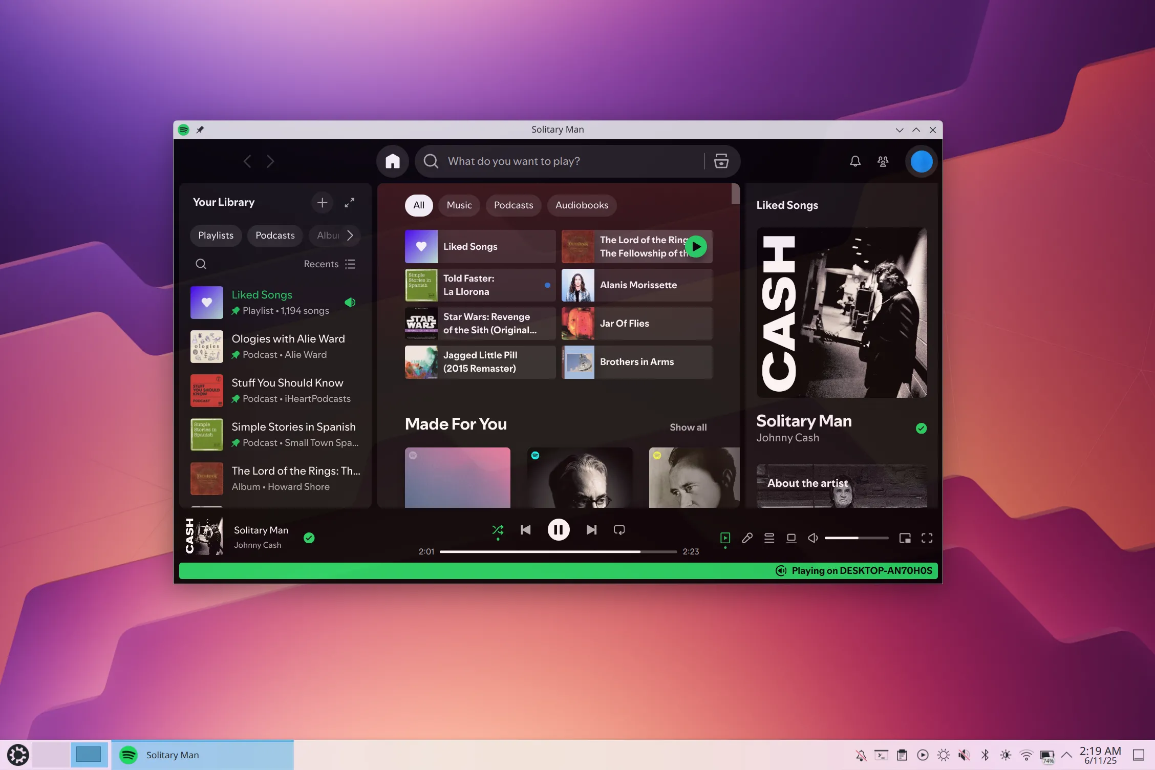 Giao diện Spotify đang phát nhạc trên hệ điều hành Kubuntu Linux, cho thấy trải nghiệm nghe nhạc trên nền tảng này