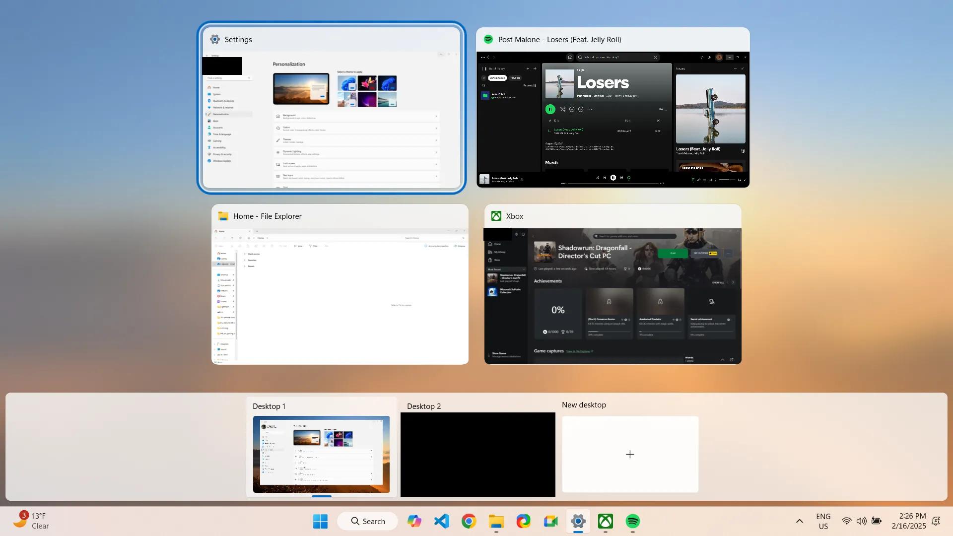 Giao diện Task View trên Windows 11 cho phép quản lý cửa sổ và màn hình ảo, kích hoạt bằng Win+Tab.