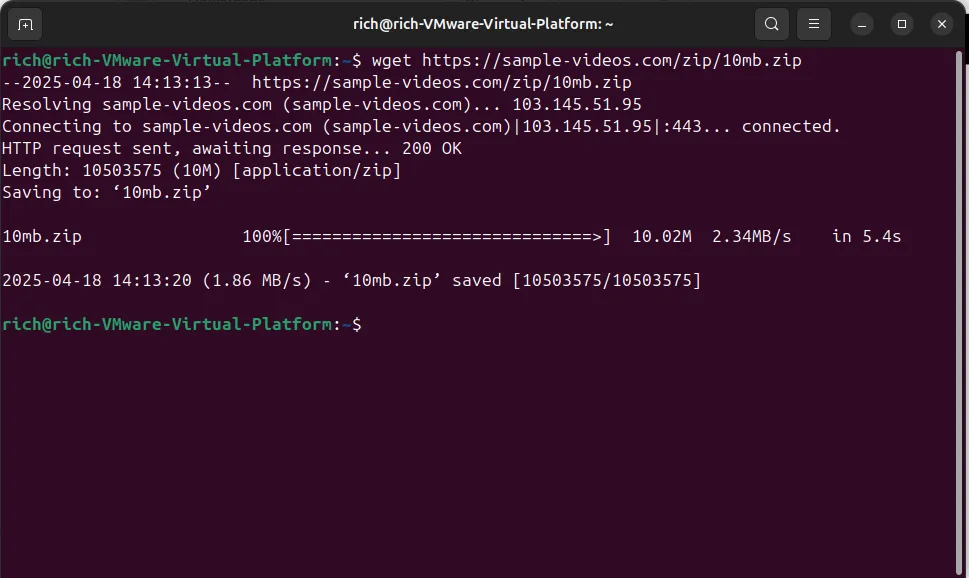 Giao diện Terminal hiển thị lệnh wget tải thành công tệp zip từ máy chủ từ xa trên Linux