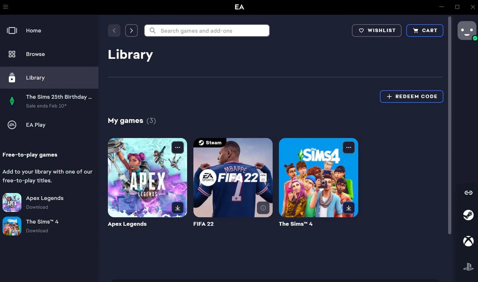 Giao diện thư viện trò chơi trong ứng dụng EA App trên Windows 11