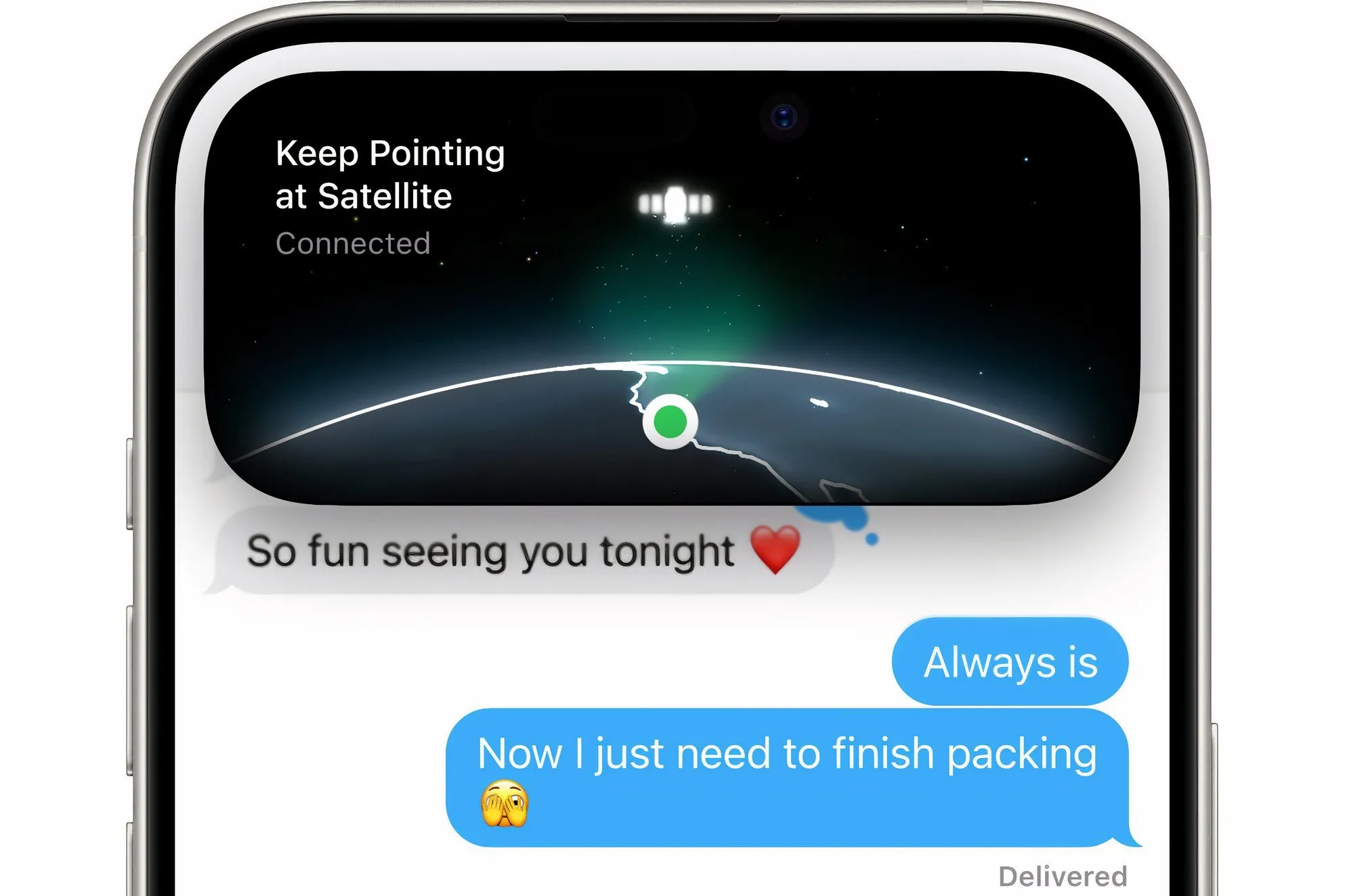 Giao diện tin nhắn trên iPhone, thể hiện tính năng kết nối vệ tinh.