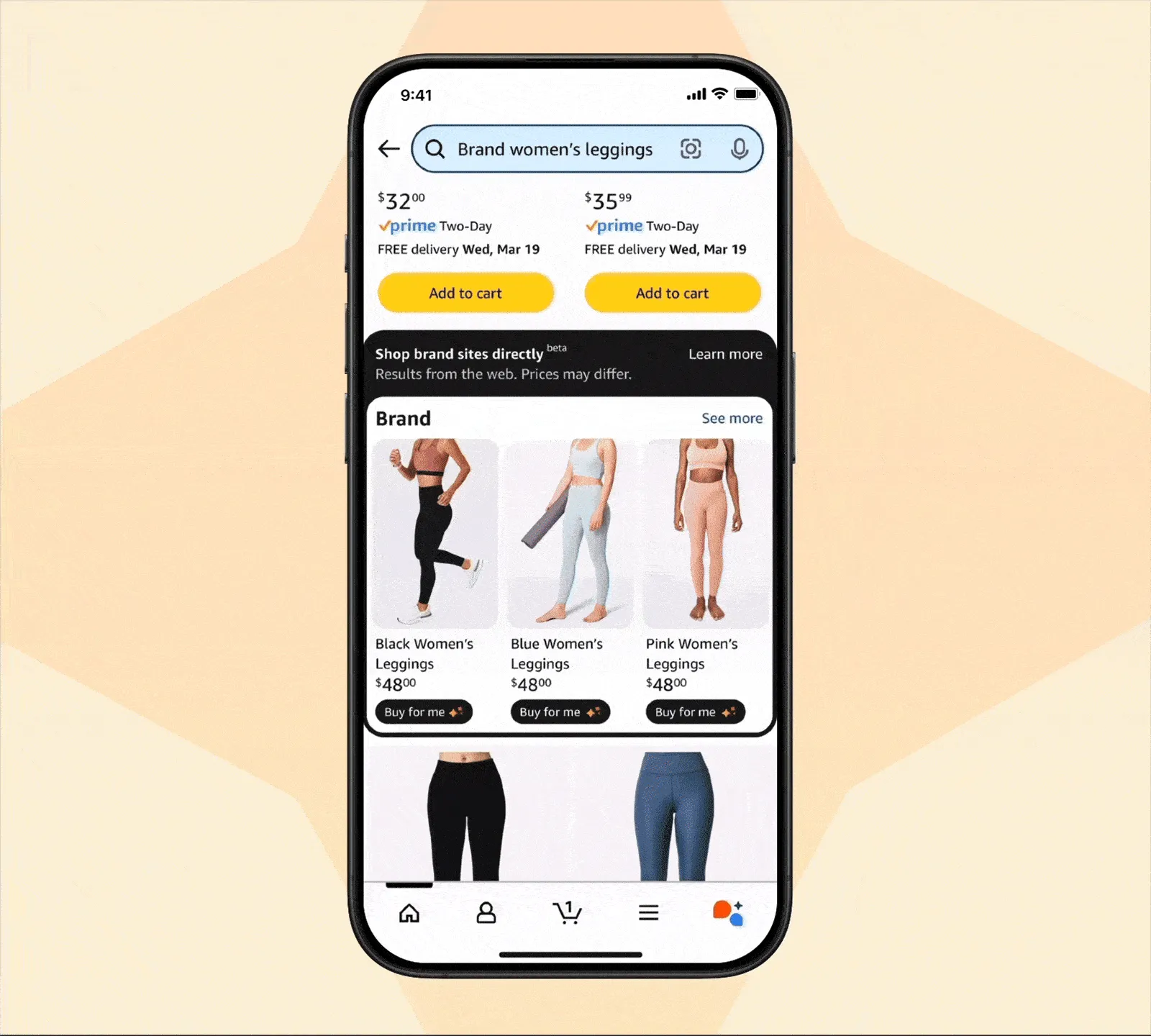 Giao diện tính năng "Buy for Me" của Amazon trên ứng dụng di động, minh họa cách người dùng có thể mua sắm trực tiếp từ các website thương hiệu bên ngoài.