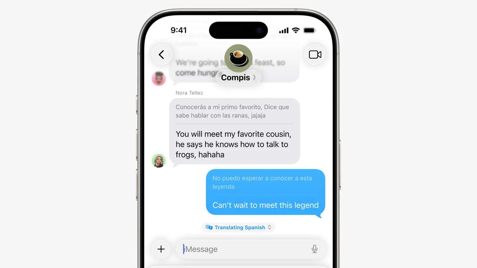 Giao diện tính năng Dịch Trực Tiếp (Live Translation) trong ứng dụng Apple Messages trên iOS 26, hiển thị tin nhắn gốc và tin nhắn đã dịch song ngữ trong một bong bóng chat.