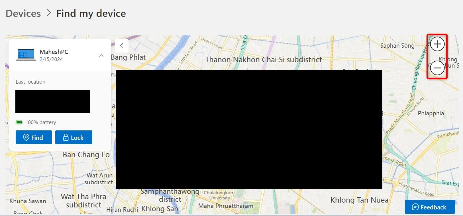 Giao diện tính năng &quot;Tìm thiết bị của tôi&quot; trên màn hình, cho phép định vị và quản lý laptop bị mất.
