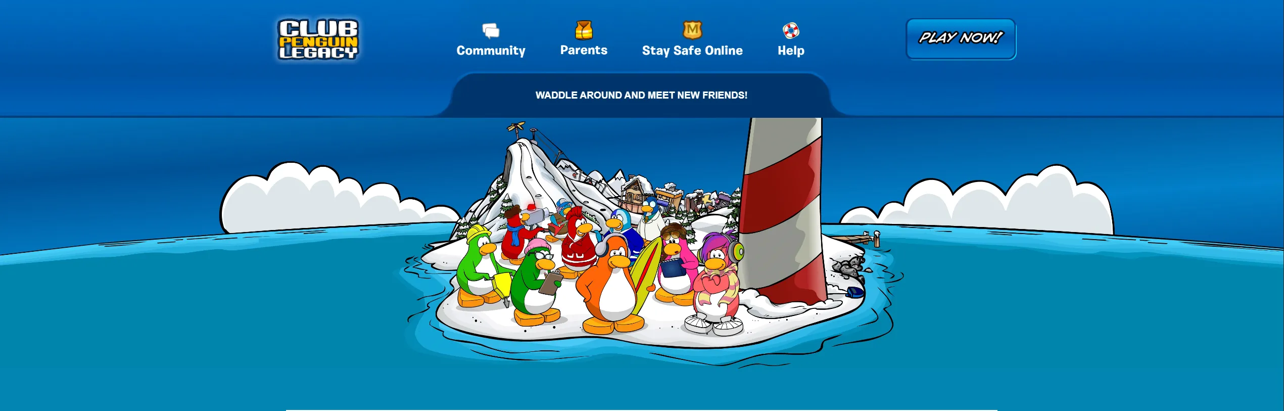 Giao diện trang chủ Club Penguin Legacy, phiên bản kế thừa của tựa game trực tuyến Club Penguin nổi tiếng.