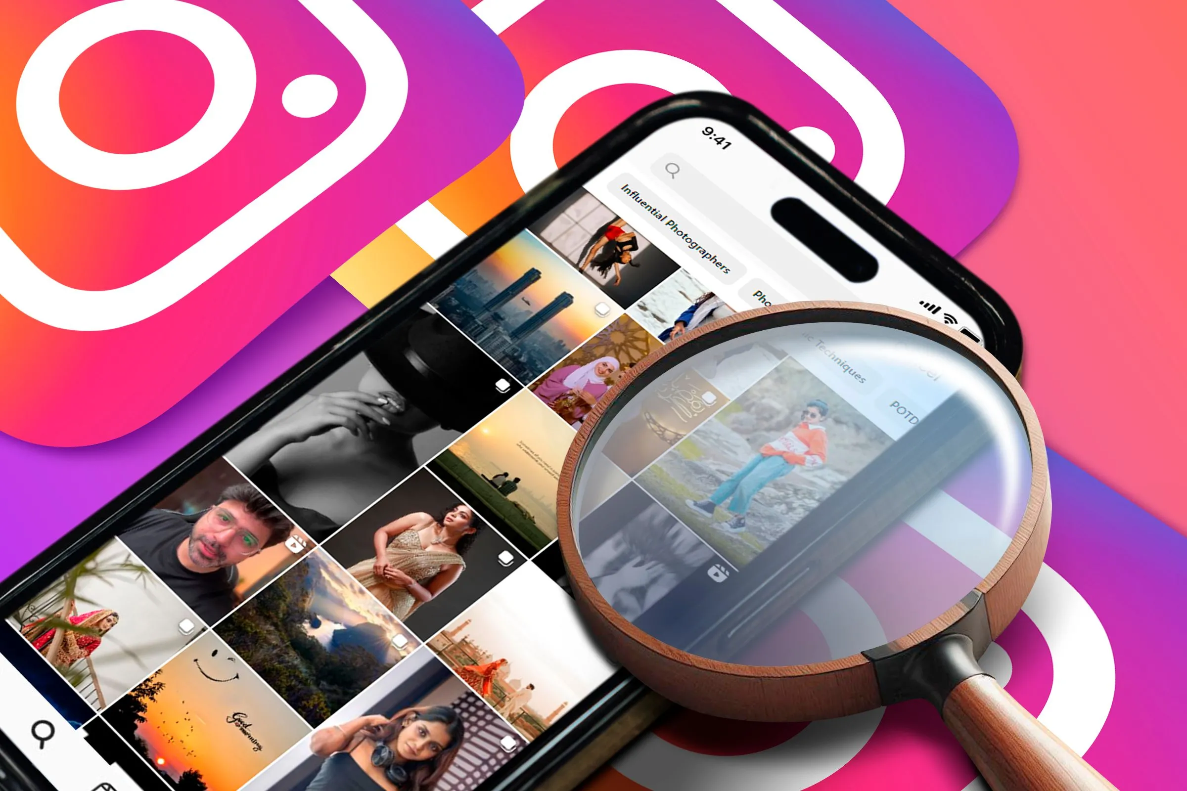 Giao diện trang khám phá Instagram trên điện thoại, nhấn mạnh chức năng tìm kiếm và khám phá nội dung.