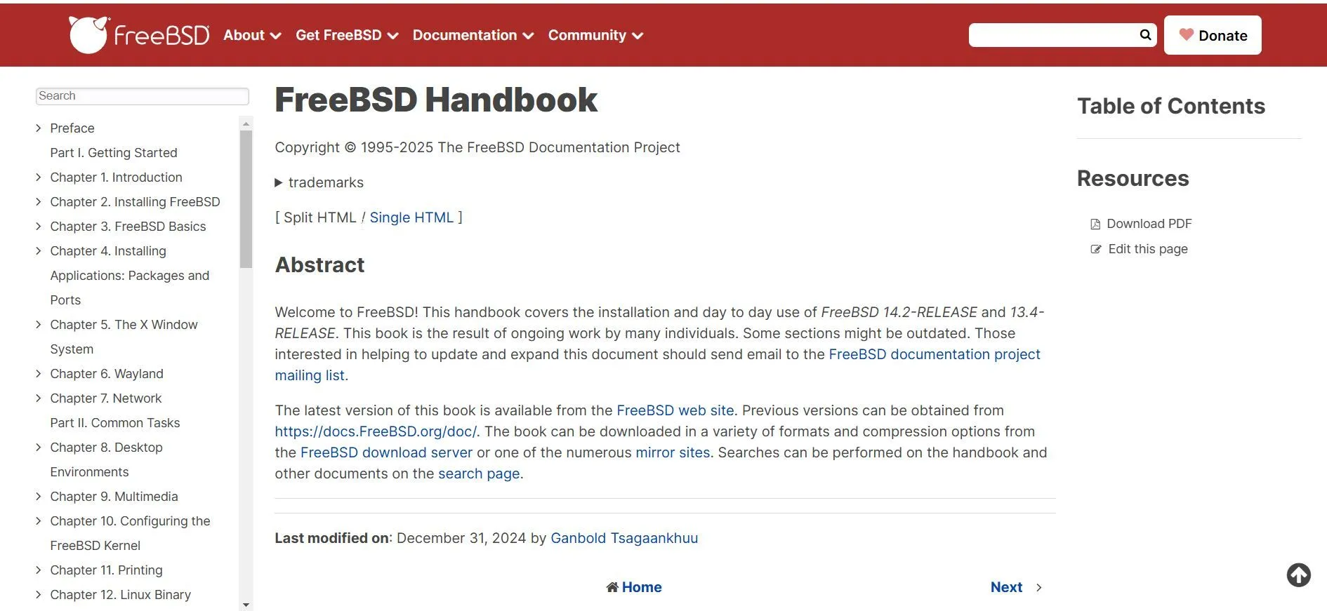 Giao diện trang web chính thức của FreeBSD Handbook, nguồn tài liệu hướng dẫn toàn diện cho người dùng.