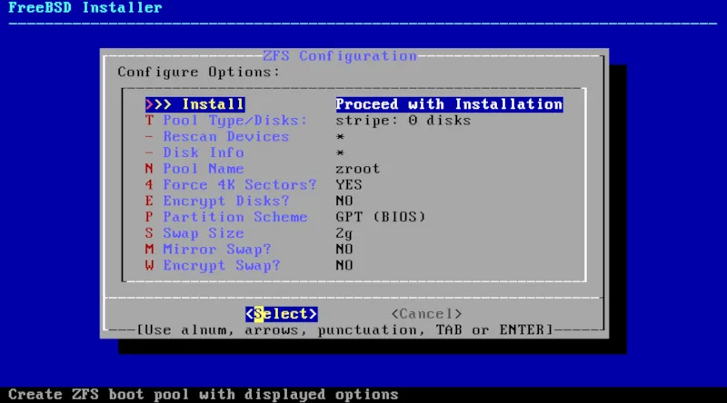 Giao diện trình cài đặt văn bản của FreeBSD hiển thị tùy chọn phân vùng ổ đĩa tự động.