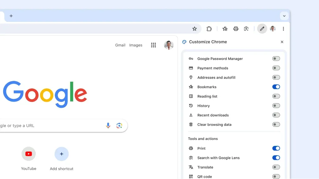 Giao diện trình duyệt Chrome hiển thị bảng điều khiển phụ "Tùy chỉnh Chrome" với các công tắc điều khiển các biểu tượng trên thanh công cụ