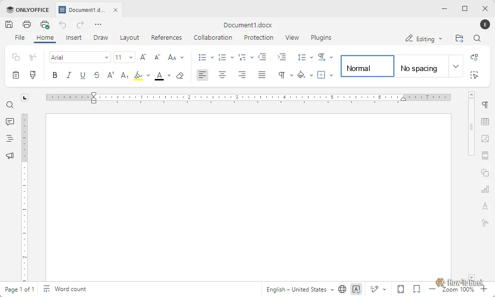 Giao diện trình soạn thảo ONLYOFFICE với thiết kế hiện đại, tương tự Microsoft Word, giúp người dùng dễ làm quen.