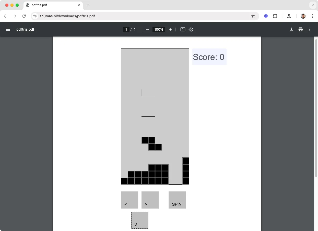Giao diện trò chơi Tetris được nhúng và vận hành ngay trên một tệp PDF, thể hiện khả năng vượt trội của tài liệu PDF động.