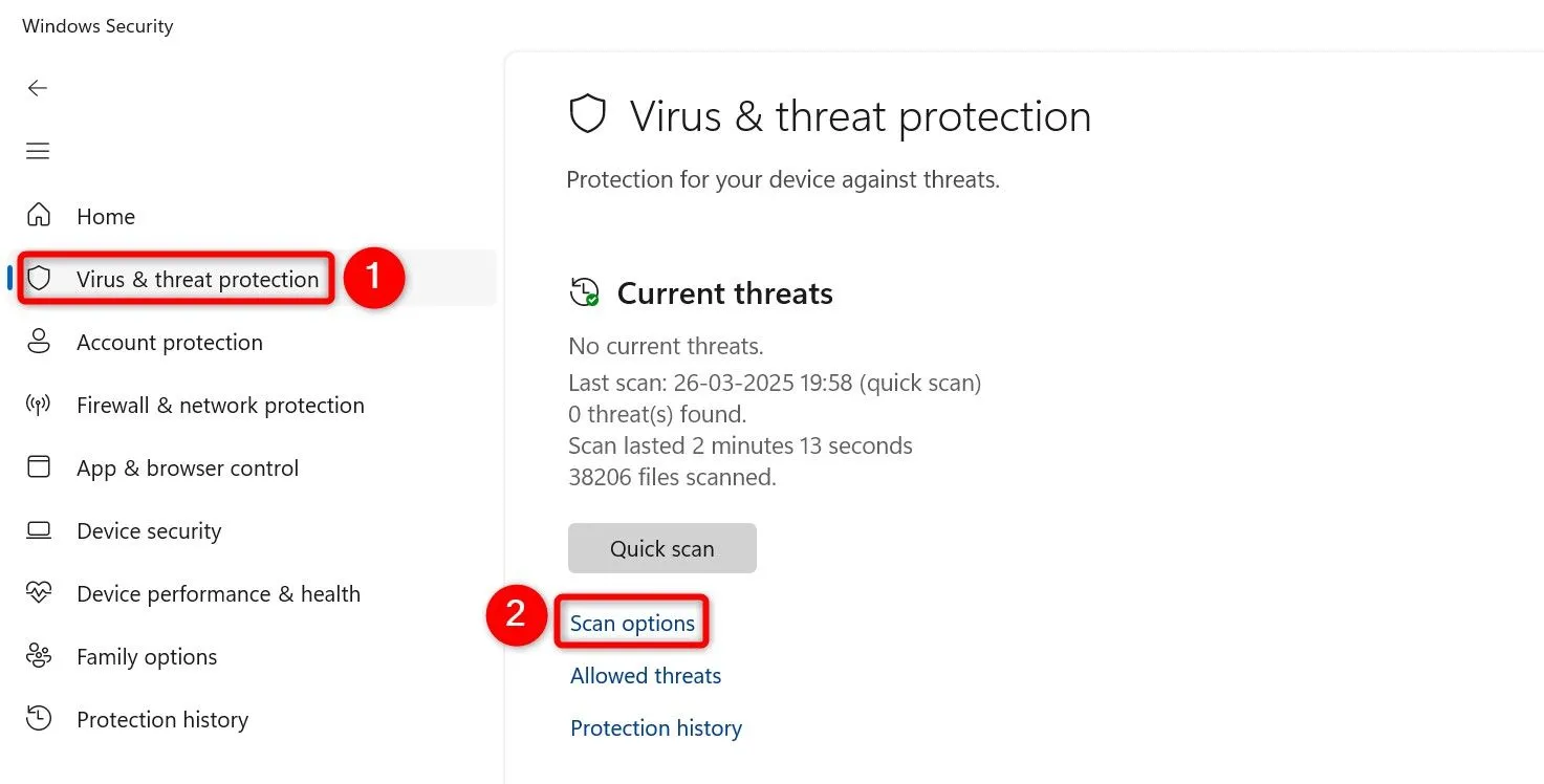 Giao diện &quot;Tùy chọn quét&quot; (Scan Options) trong Bảo mật Windows (Windows Security) để chọn loại quét virus và phần mềm độc hại