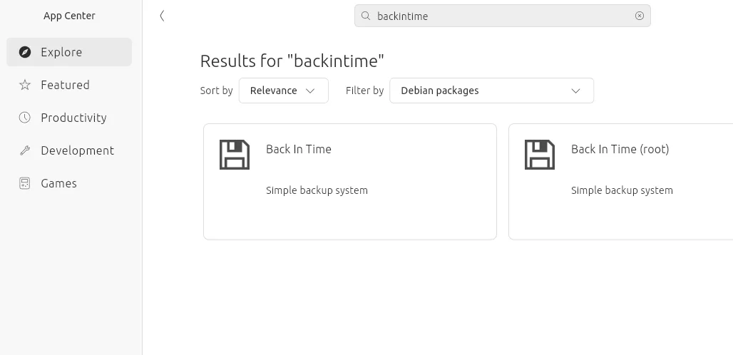 Giao diện ứng dụng Back in Time trong cửa hàng phần mềm Ubuntu, hiển thị tùy chọn cài đặt.