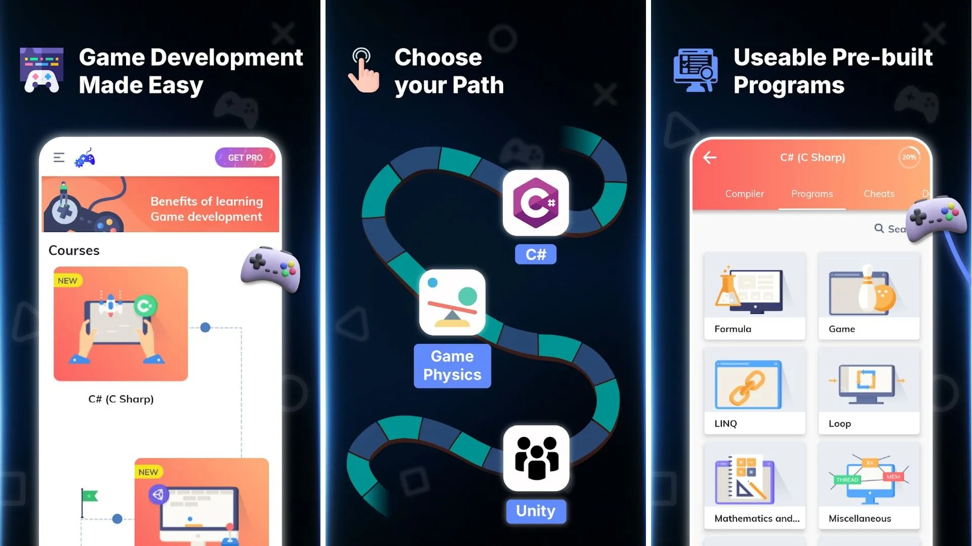 Giao diện ứng dụng Build Your First Game với các khóa học lập trình và phát triển game, hướng dẫn tạo game Android