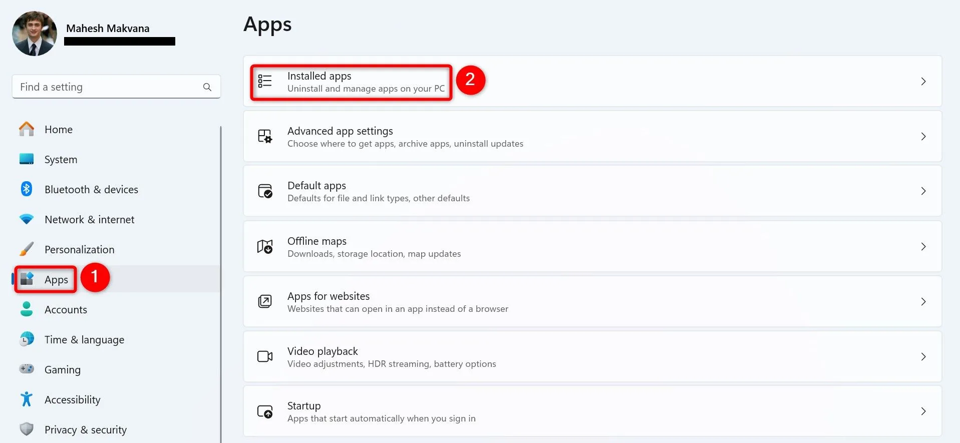 Giao diện &quot;Ứng dụng đã cài đặt&quot; (Installed Apps) trong Cài đặt của Windows 11, nơi quản lý các ứng dụng trên hệ thống