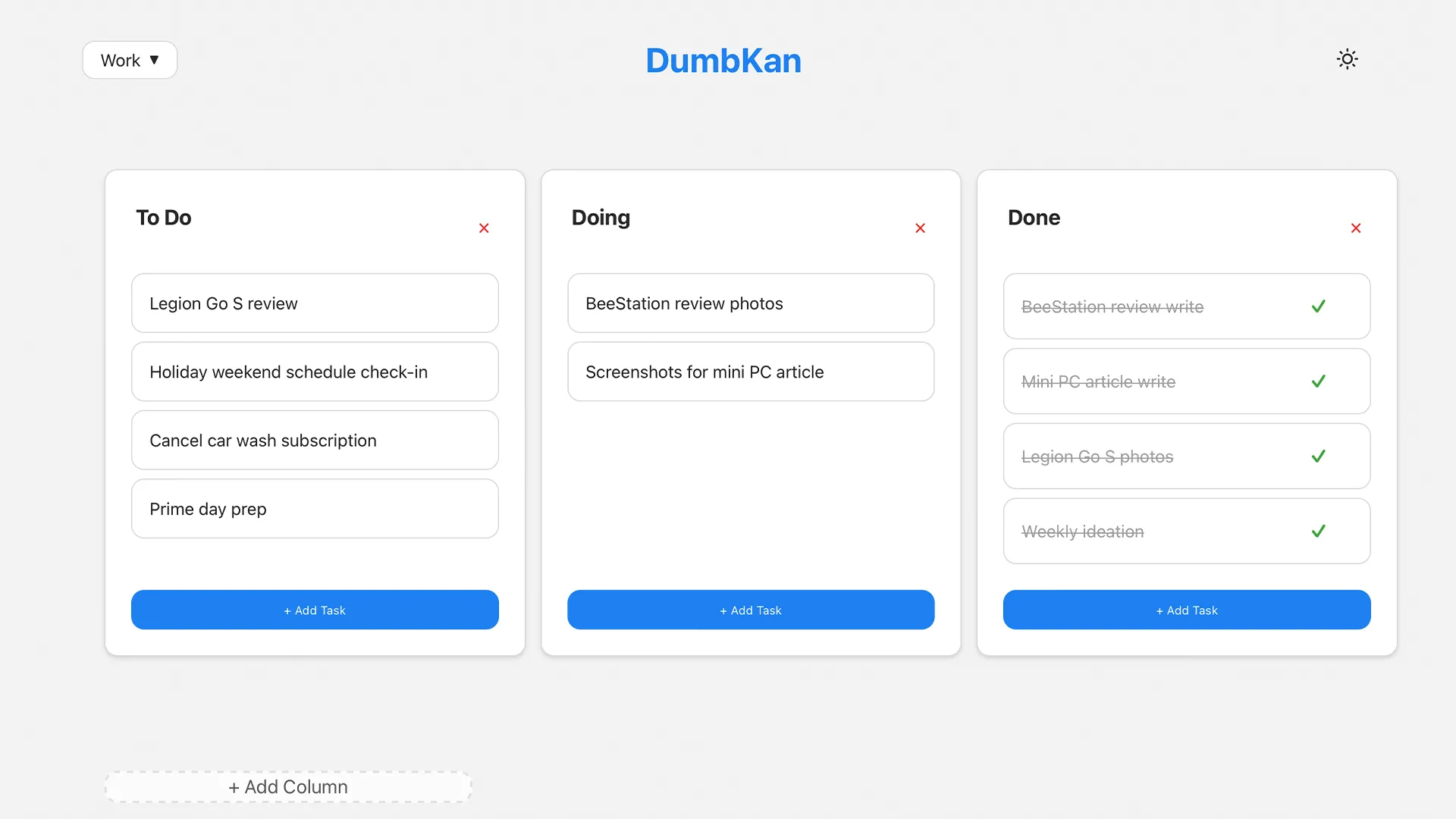 Giao diện ứng dụng DumbKan, một bảng Kanban kỹ thuật số đơn giản để quản lý tác vụ.