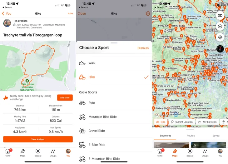 Giao diện ứng dụng Strava trên iPhone hiển thị tính năng theo dõi nhiều loại hoạt động thể thao.