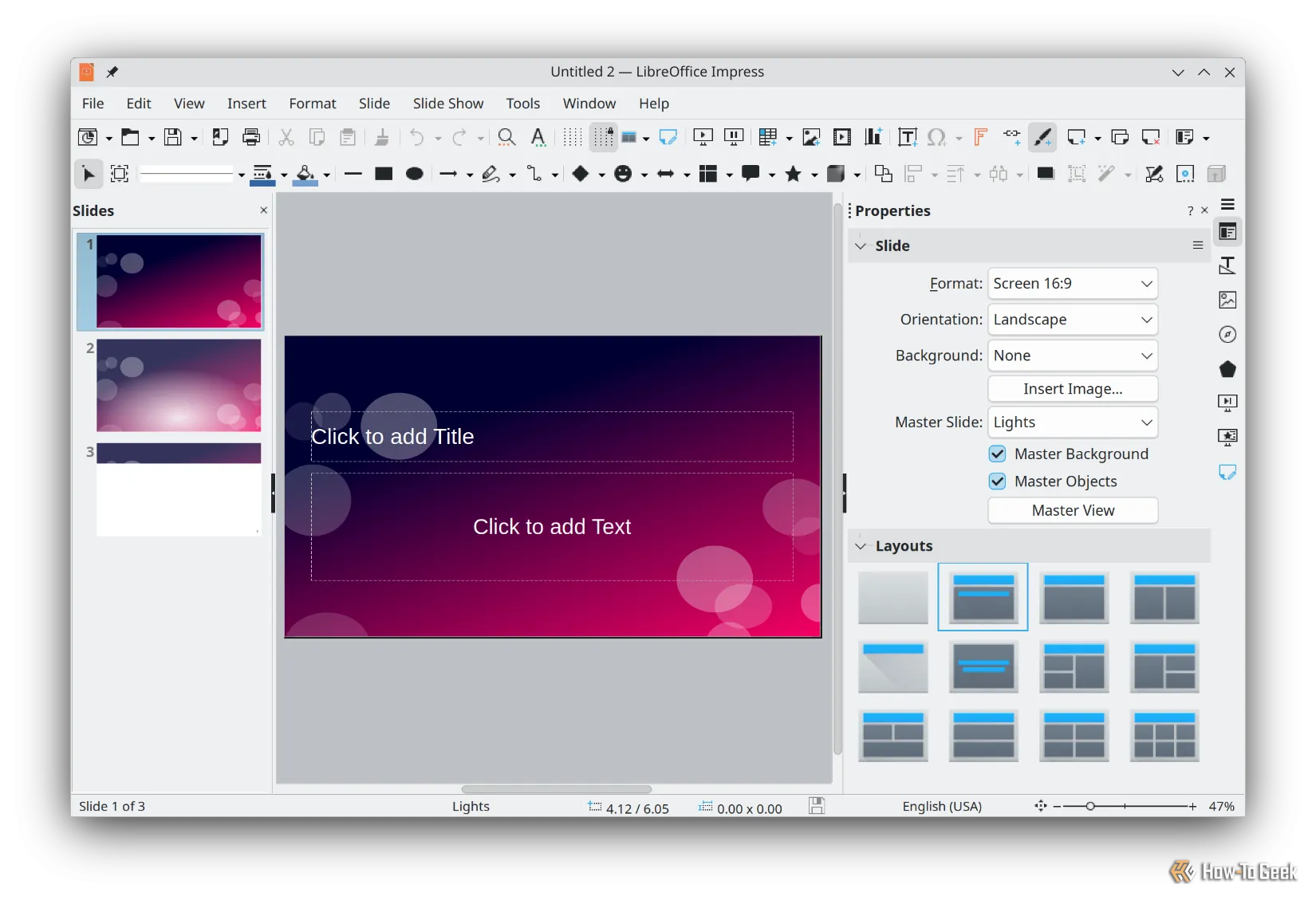 Giao diện ứng dụng trình chiếu LibreOffice Impress trên Kubuntu, một lựa chọn thay thế mạnh mẽ cho PowerPoint.