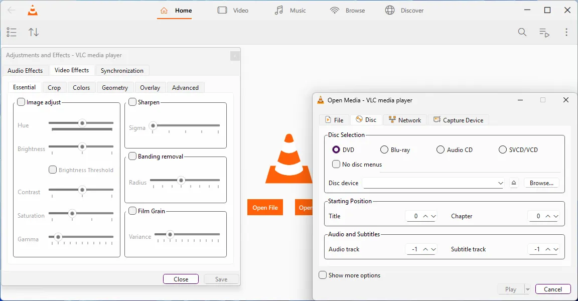 Giao diện VLC Media Player với các tùy chọn mở tệp đa phương tiện và hiệu ứng video.