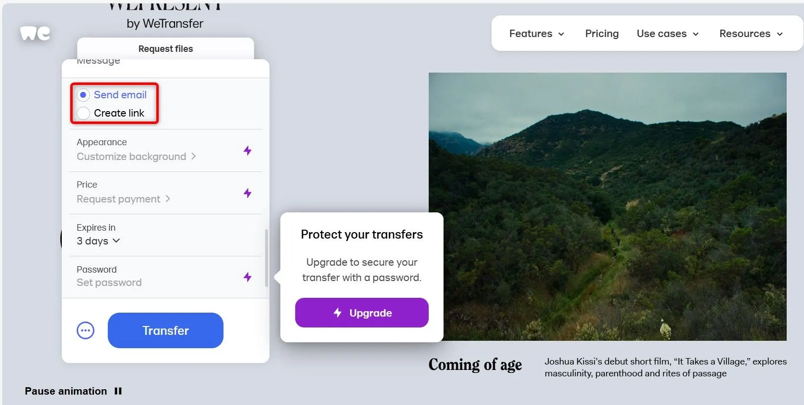 Giao diện WeTransfer cho phép lựa chọn gửi liên kết file qua email hoặc tạo link tải xuống trực tiếp.