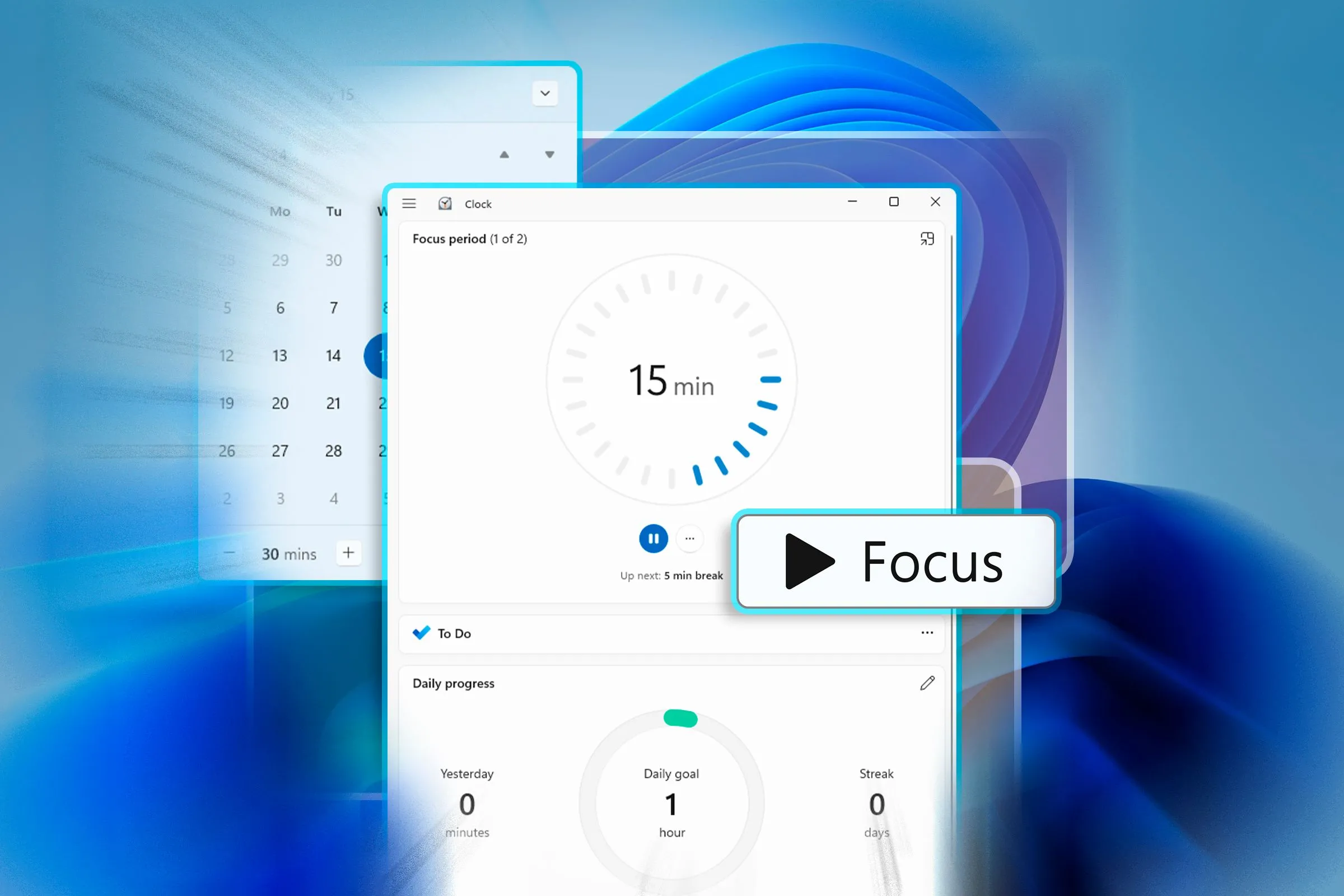 Giao diện Windows 11 hiển thị ứng dụng Đồng hồ với chế độ phiên làm việc tập trung, minh họa kỹ thuật Pomodoro