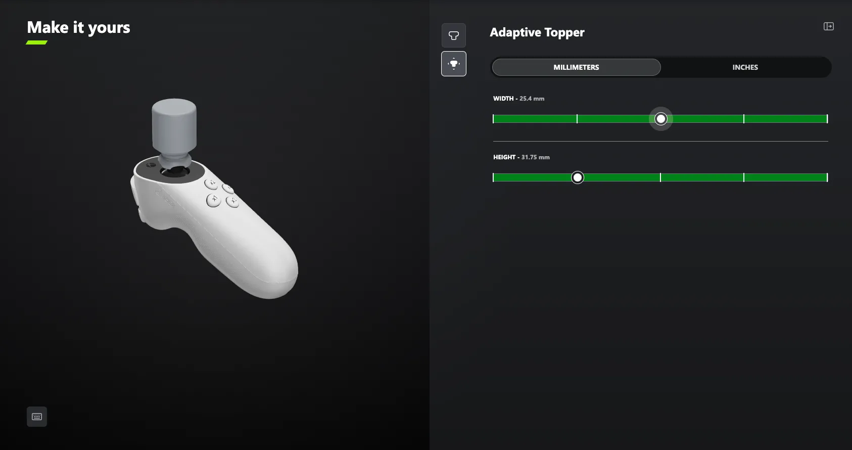 Giao diện Xbox Design Lab hiển thị thiết kế đầu bọc tùy chỉnh cho cần điều khiển hỗ trợ tiếp cận, khuyến khích sáng tạo cá nhân.