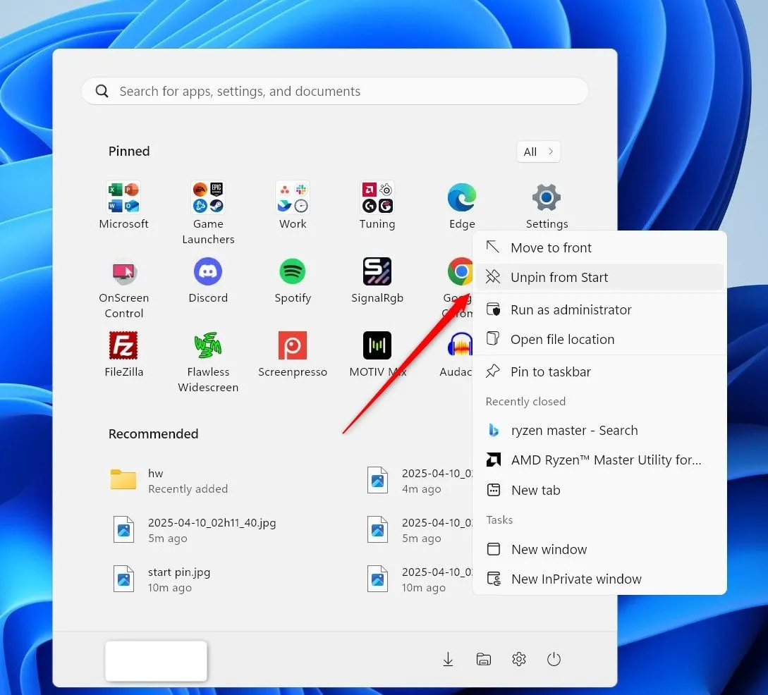 Gỡ ghim Microsoft Edge khỏi Menu Start Windows 11