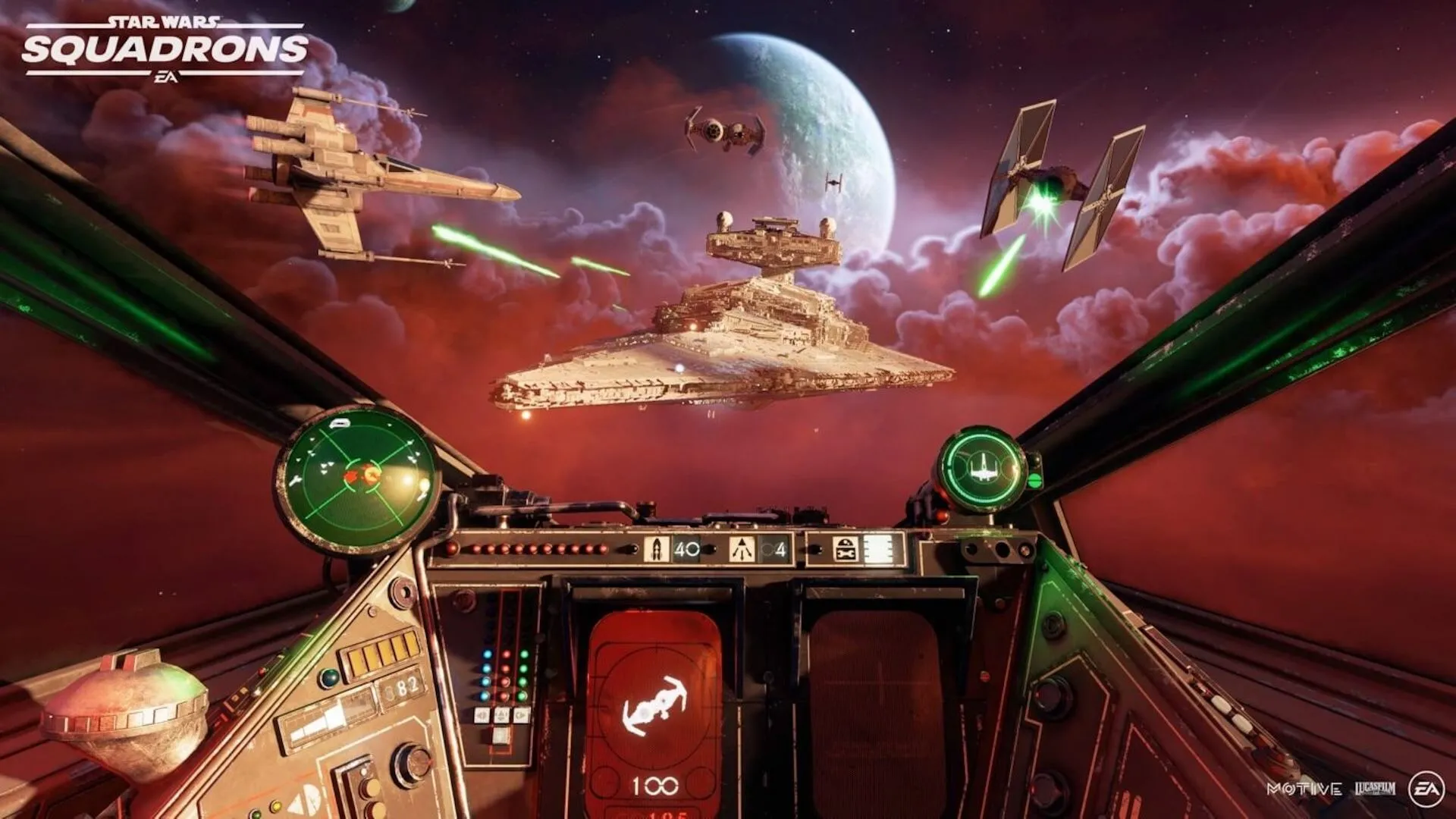 Góc nhìn từ buồng lái phi thuyền X-wing tham chiến chống lại các phi cơ TIE và tàu khu trục Star Destroyer trong game Star Wars: Squadrons VR