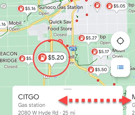 Google Maps hiển thị danh sách các trạm xăng gần vị trí hiện tại cùng với giá nhiên liệu, giúp người dùng lựa chọn trạm có giá tốt nhất.