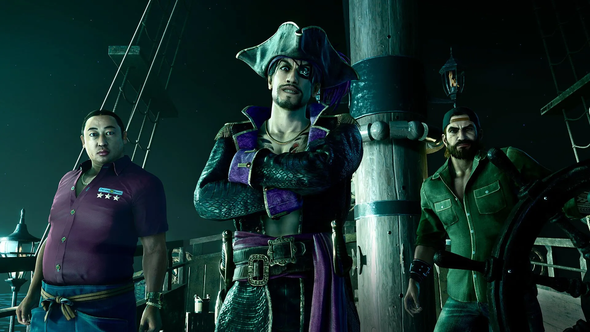 Goro Majima trong trang phục cướp biển giữa khung cảnh Hawaii trong game Like a Dragon Pirate Yakuza