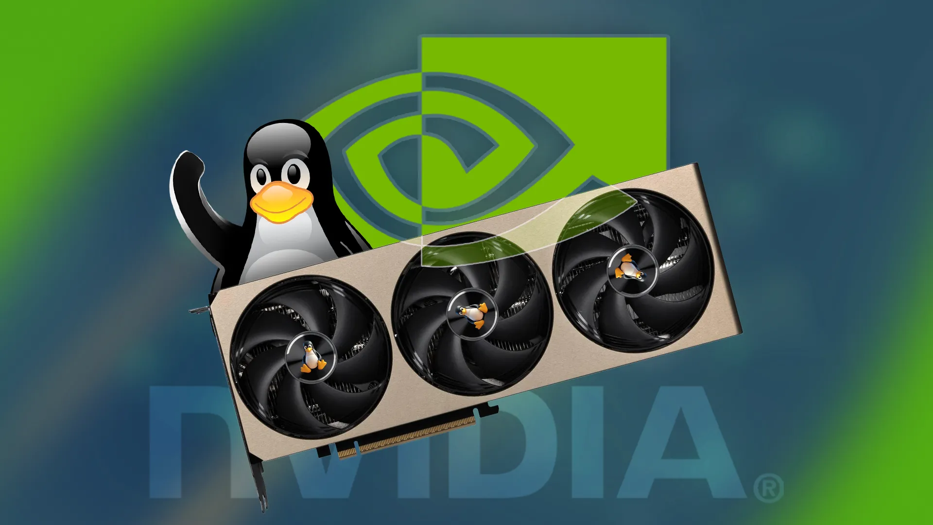 GPU với biểu tượng Linux Tux và logo Nvidia, minh họa khả năng hỗ trợ driver Nvidia trên Linux