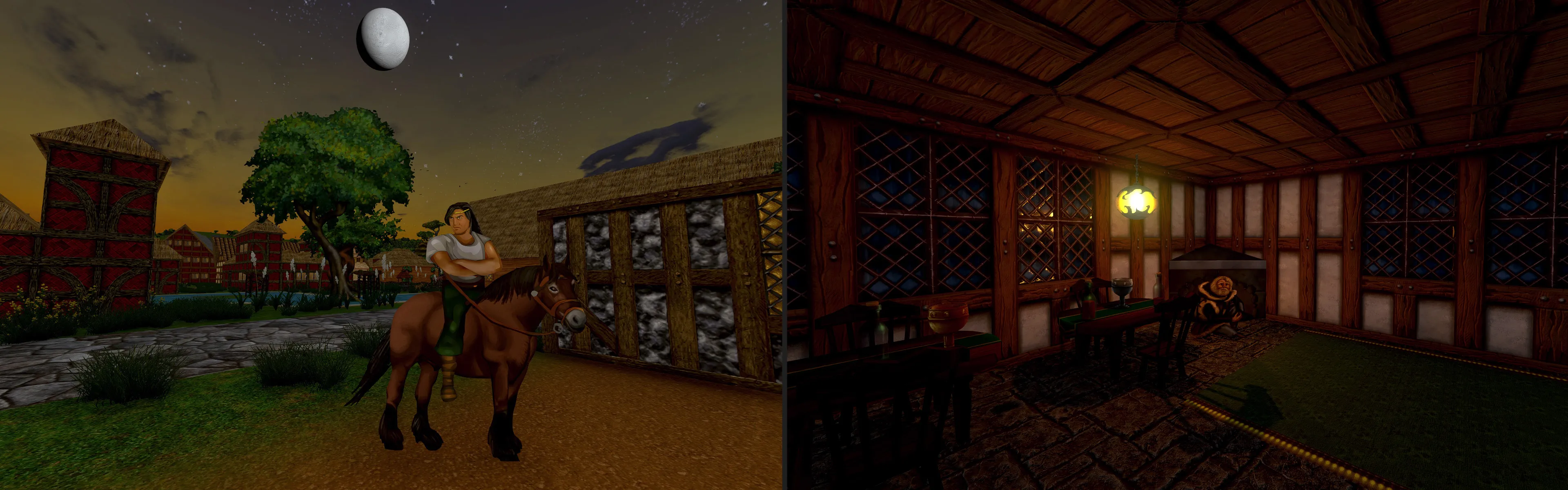 Hai ảnh chụp màn hình Daggerfall Unity: một kỵ sĩ cưỡi ngựa và một người đàn ông trong phòng, thể hiện đồ họa được cải thiện của phiên bản modded.