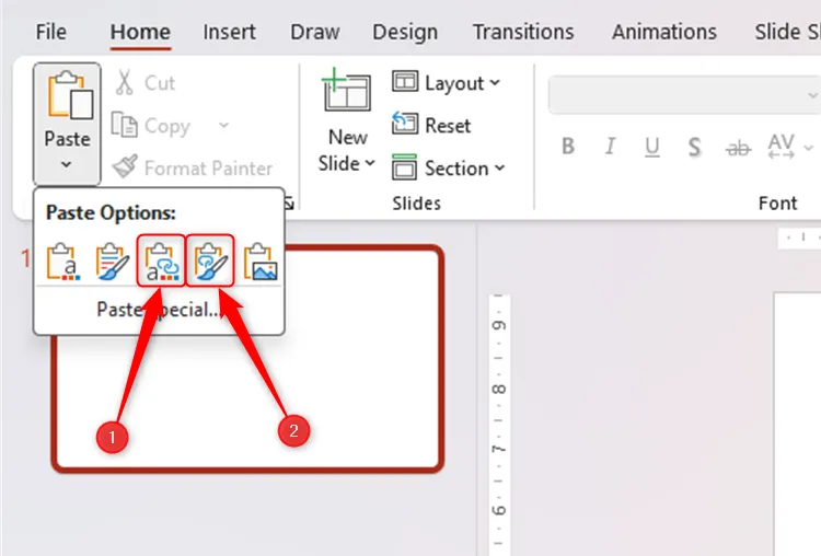 Hai biểu tượng trong menu thả xuống 'Paste' của PowerPoint tạo liên kết giữa mục dán và nguồn gốc của nó, để chèn biểu đồ Excel động.