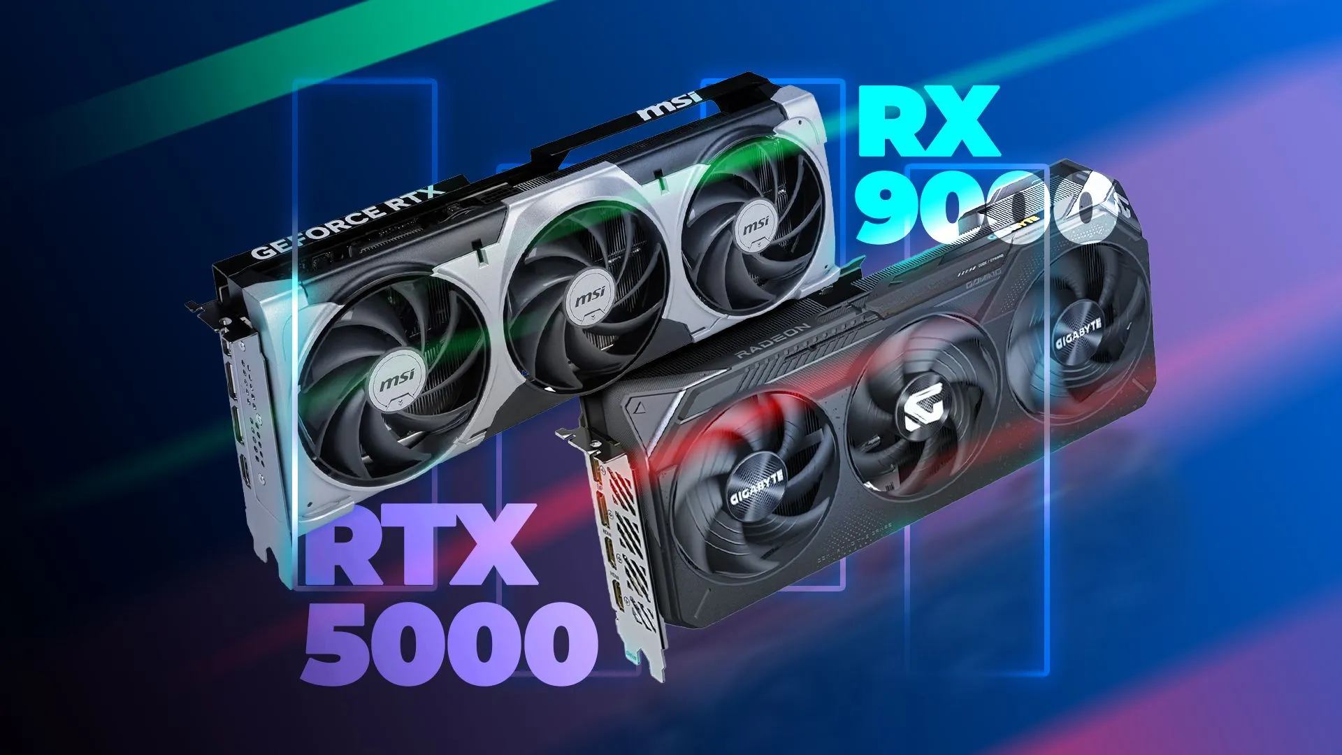 Hai card đồ họa NVIDIA RTX 5070 và AMD RX 9070 đặt cạnh nhau