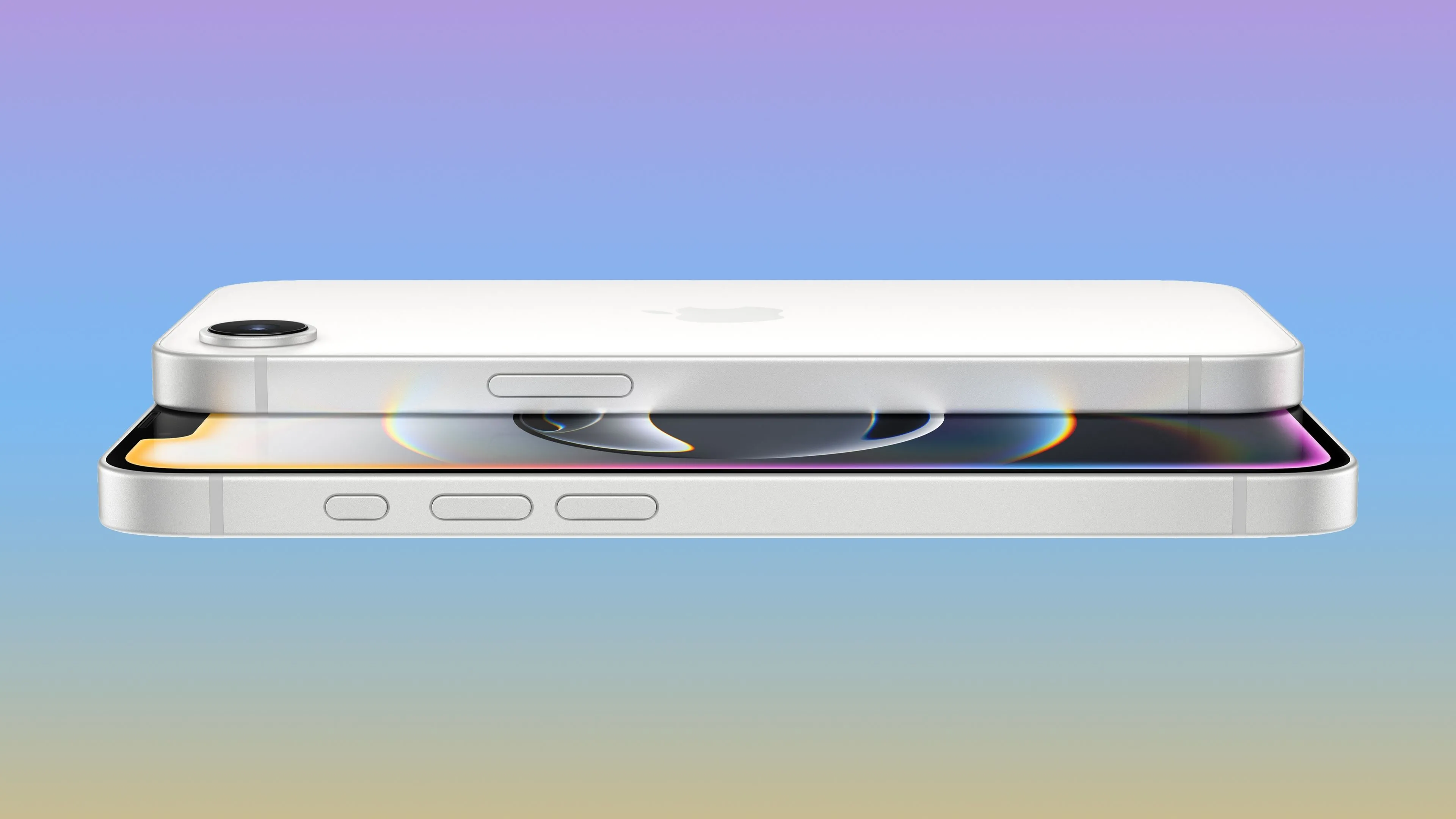 Hai chiếc iPhone 16e được xếp chồng lên nhau, minh họa thiết kế tổng thể của dòng sản phẩm thiếu chống rung Sensor-Shift.