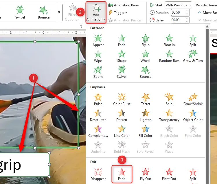 Hai đối tượng được chọn trên slide PowerPoint, và hiệu ứng thoát Fade trong menu Add Animation được làm nổi bật
