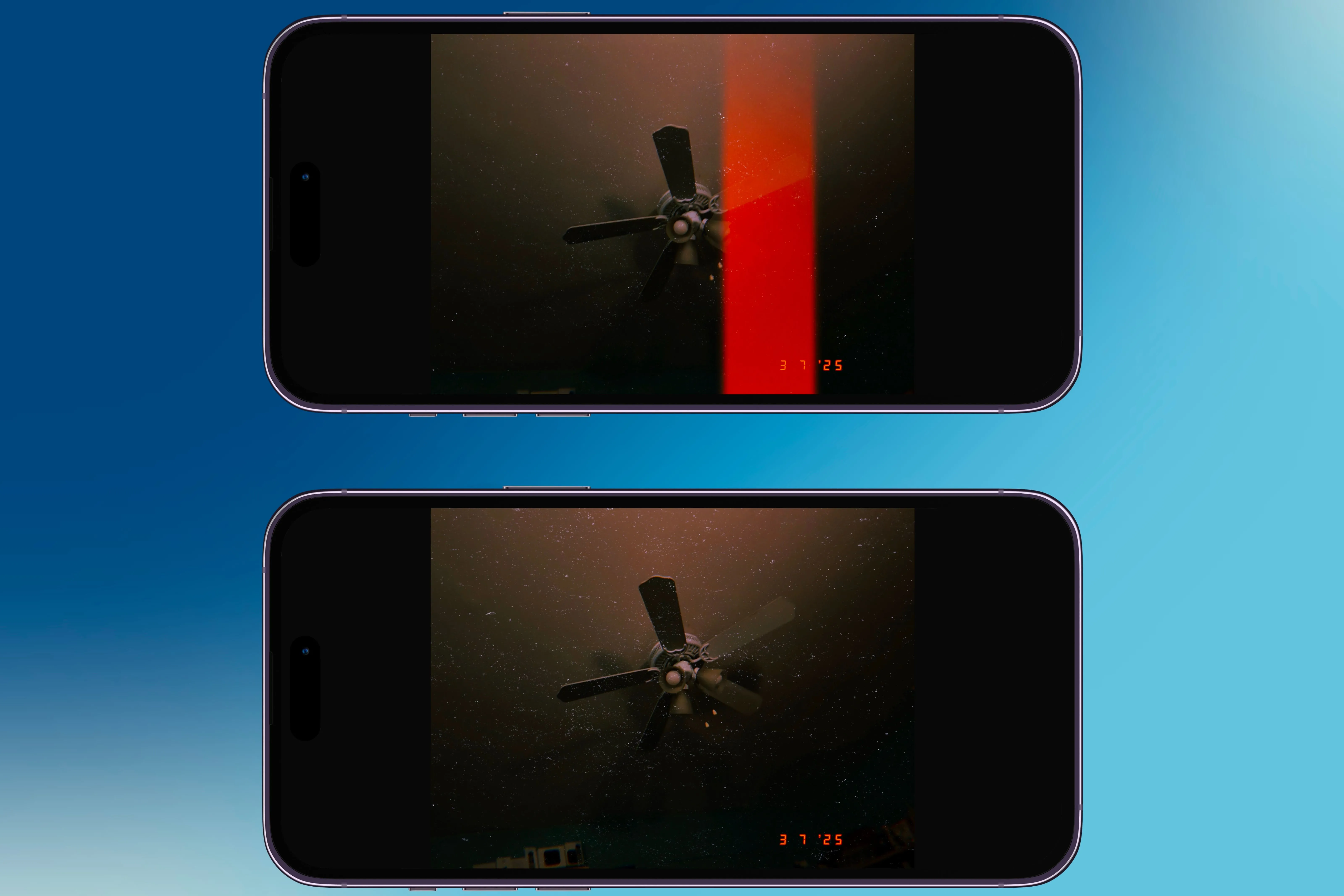 Hai hình ảnh được chụp bằng ứng dụng HUJI Cam, hiển thị trên màn hình iPhone, minh họa hiệu ứng cổ điển của máy ảnh dùng một lần.