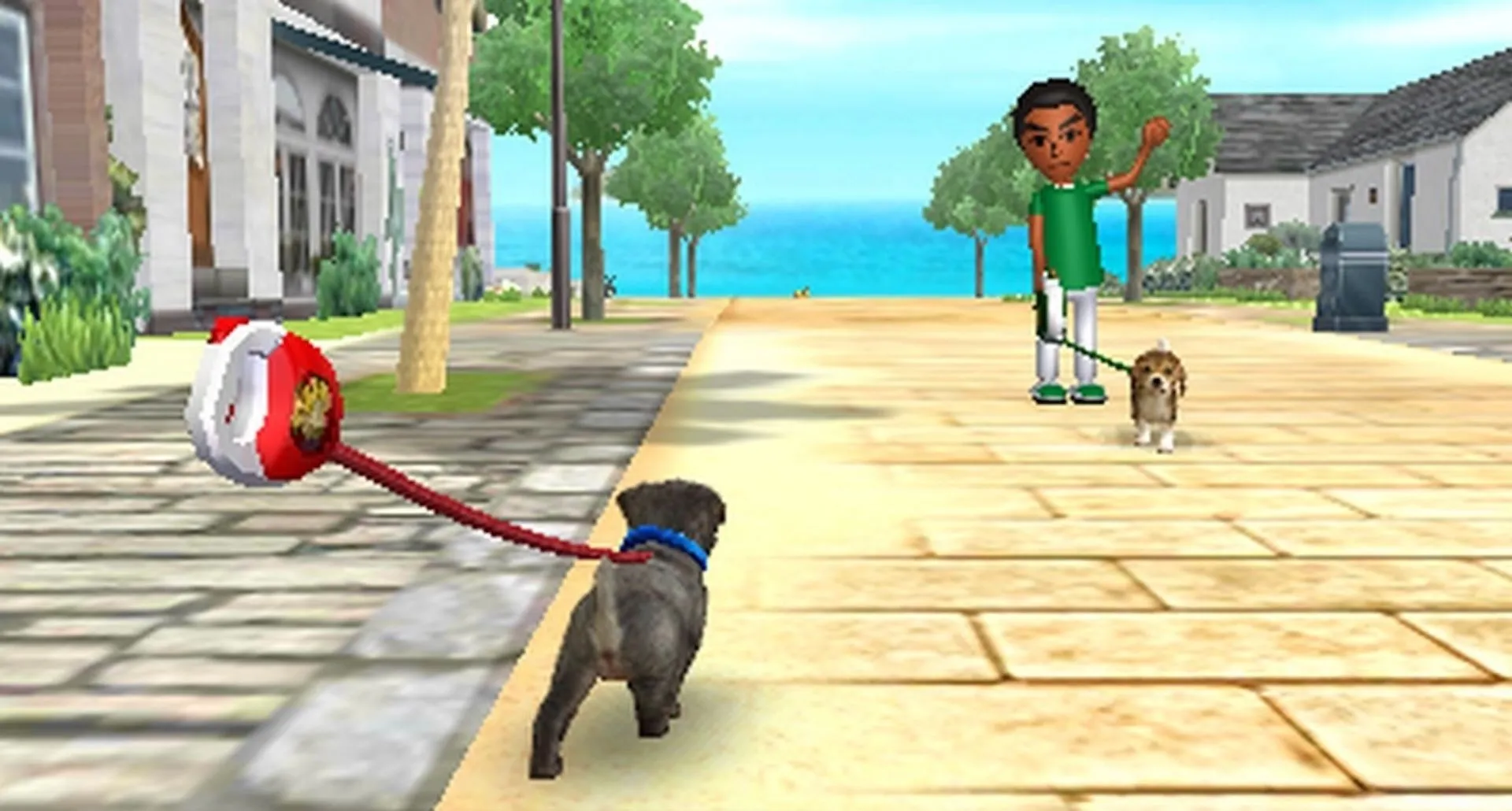 Hai người đang dắt chó đi dạo bên ngoài trong Nintendogs, gợi ý tính năng xã hội và cộng đồng trong game nuôi thú cưng