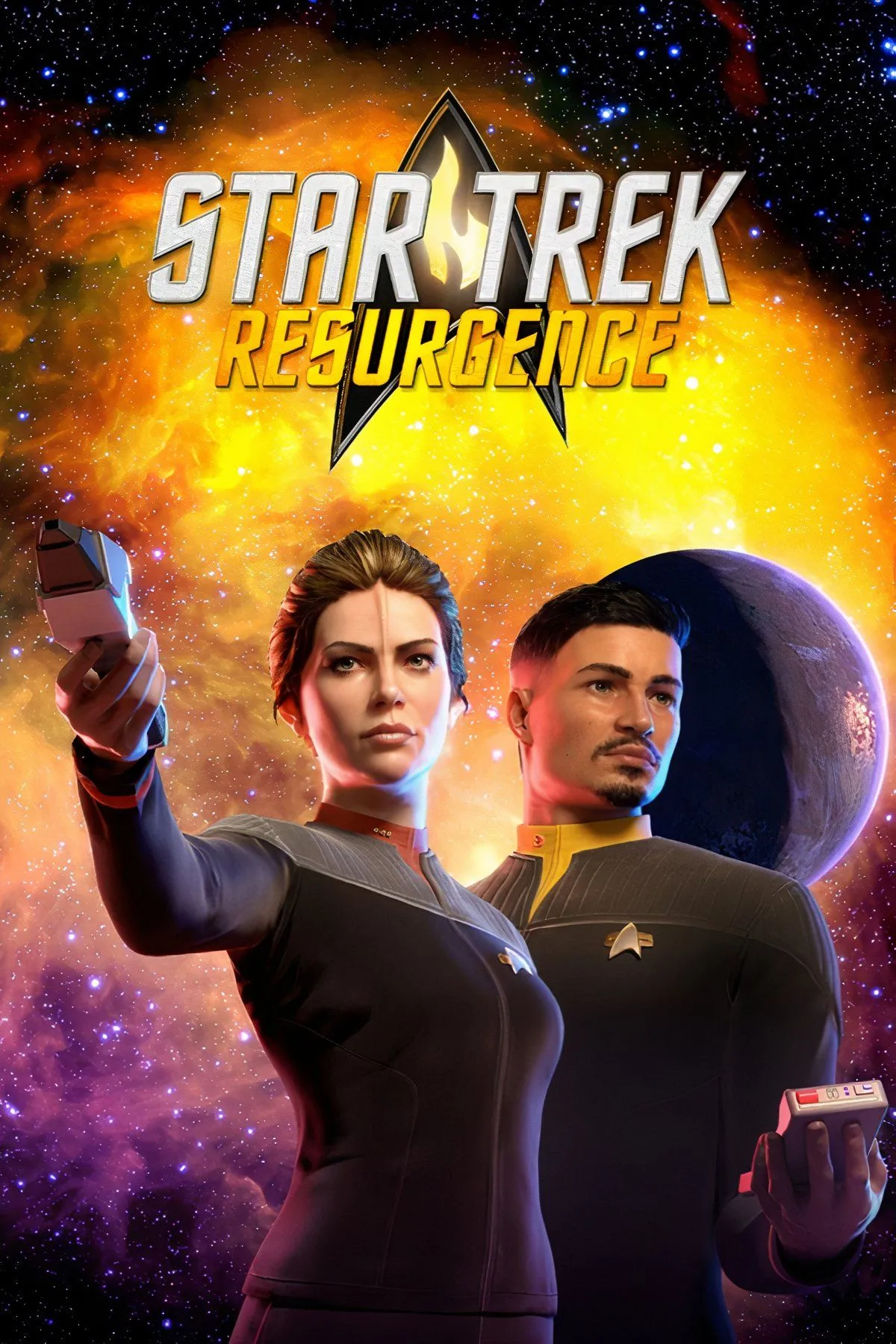 Hai nhân vật Starfleet đang đứng trước màn hình hiển thị không gian, một người phụ nữ và một người đàn ông